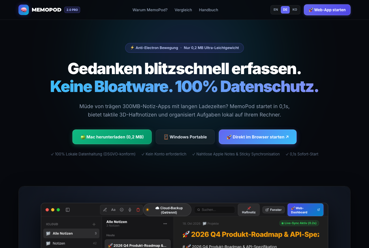 MemoPod Offizielle Landingpage und Download-Hub